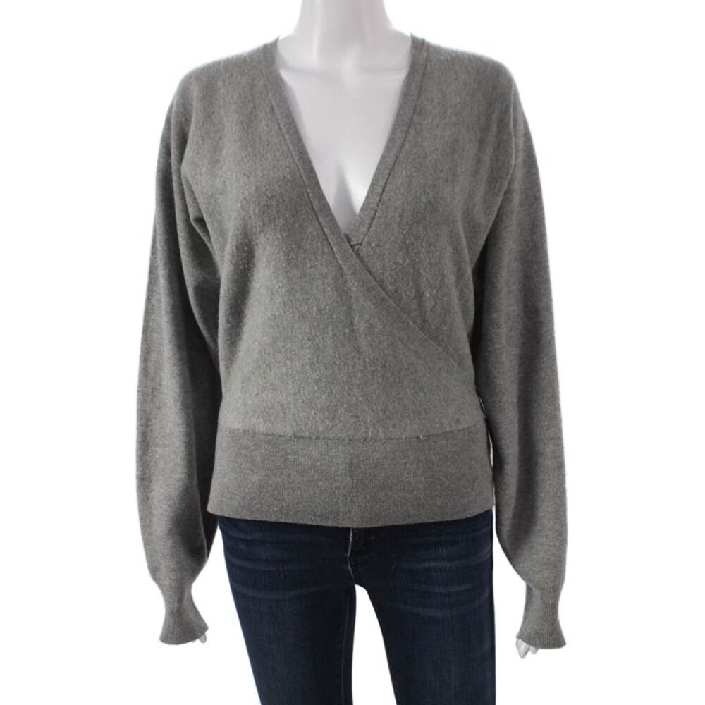 Theory Women Wrap Merino Wool V Neck Long Sleeve Petite Sweater Gray Size S